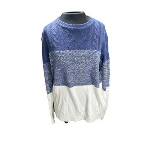 Colorblock Cable Knit Sweater Blue White Acrylic Womens Medium